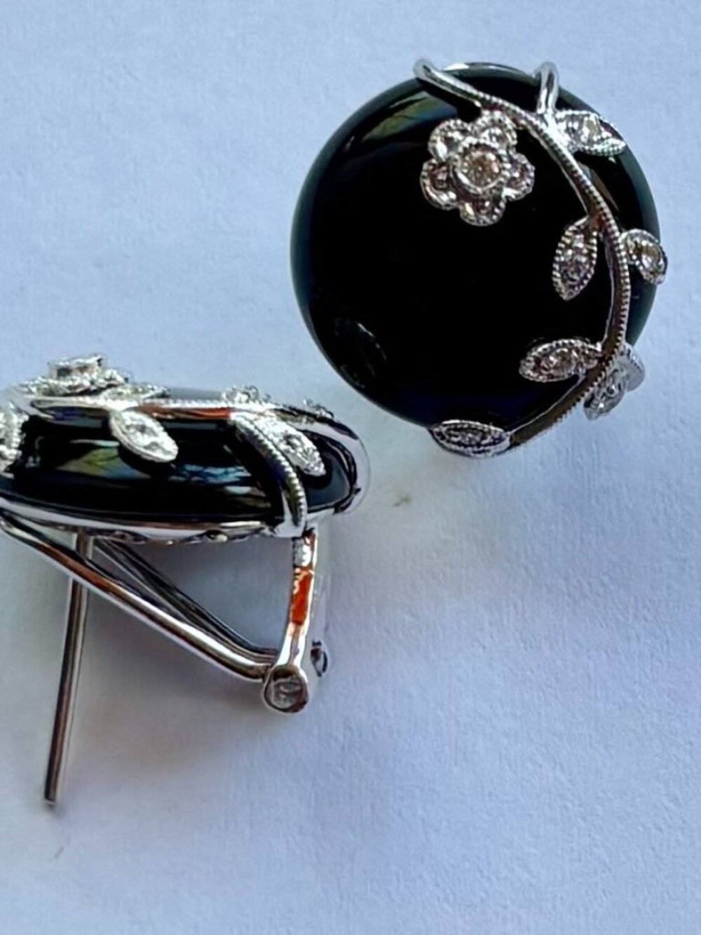 Onyx and Diamond art deco 14k white gold omega post clip earring